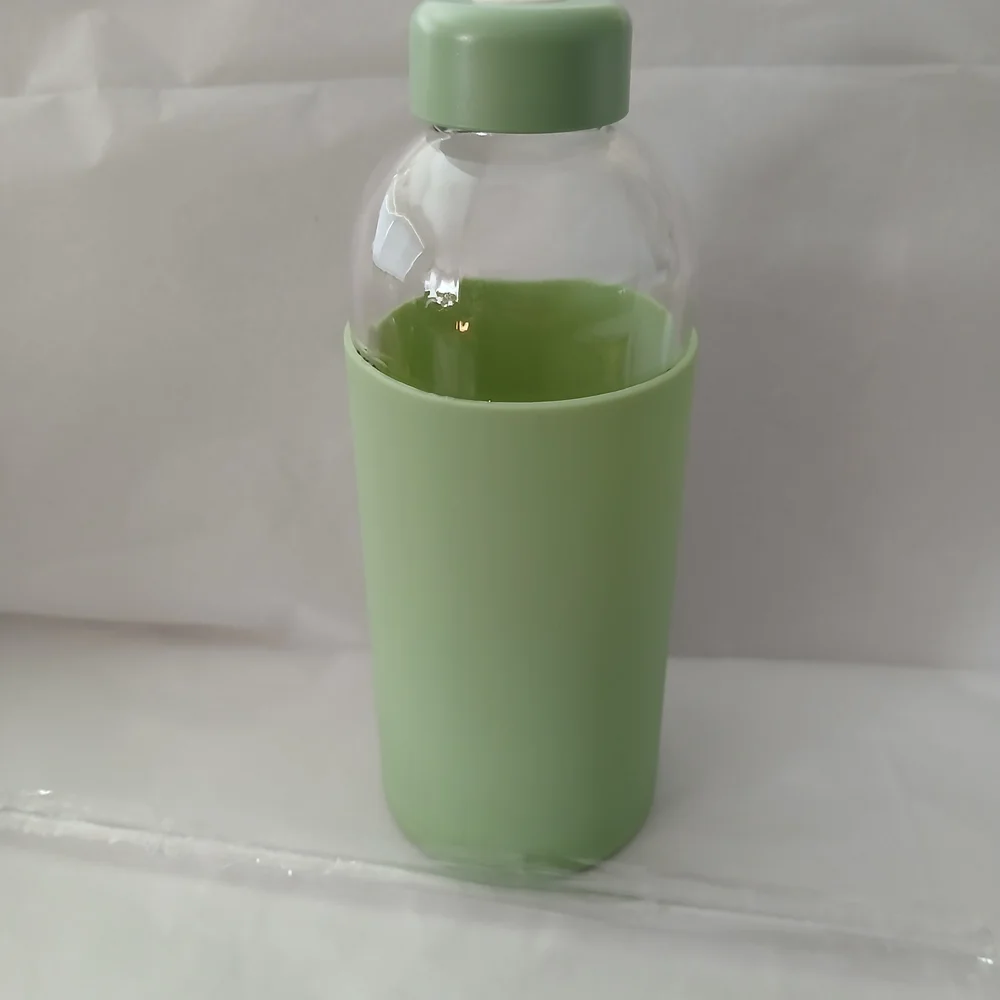 Room Essentials Glass Water Bottle W/ Straw And Green Silicone Boot